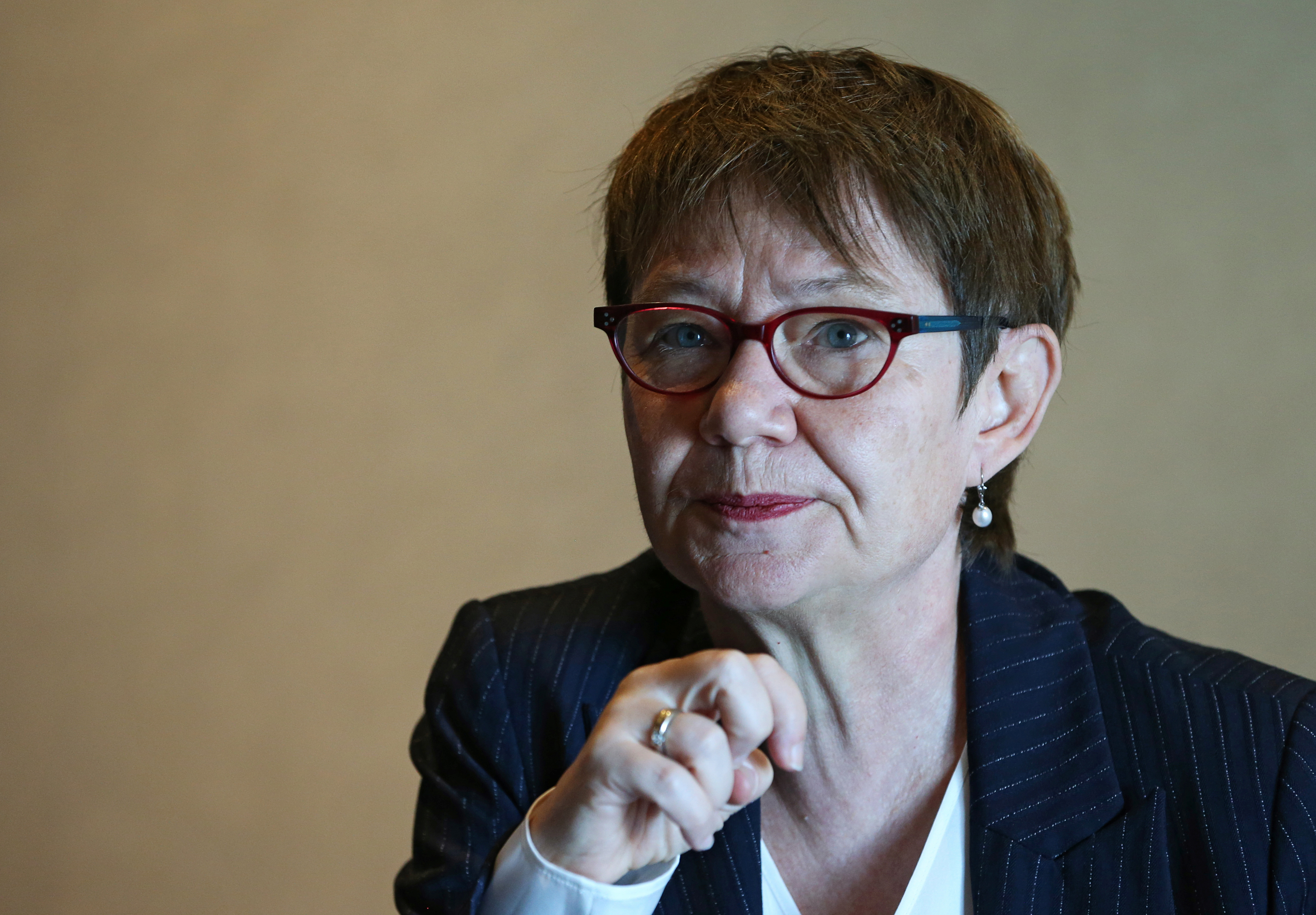 President of the European Bank for Reconstruction and Development Odile Renaud-Basso attends an interview in Almaty