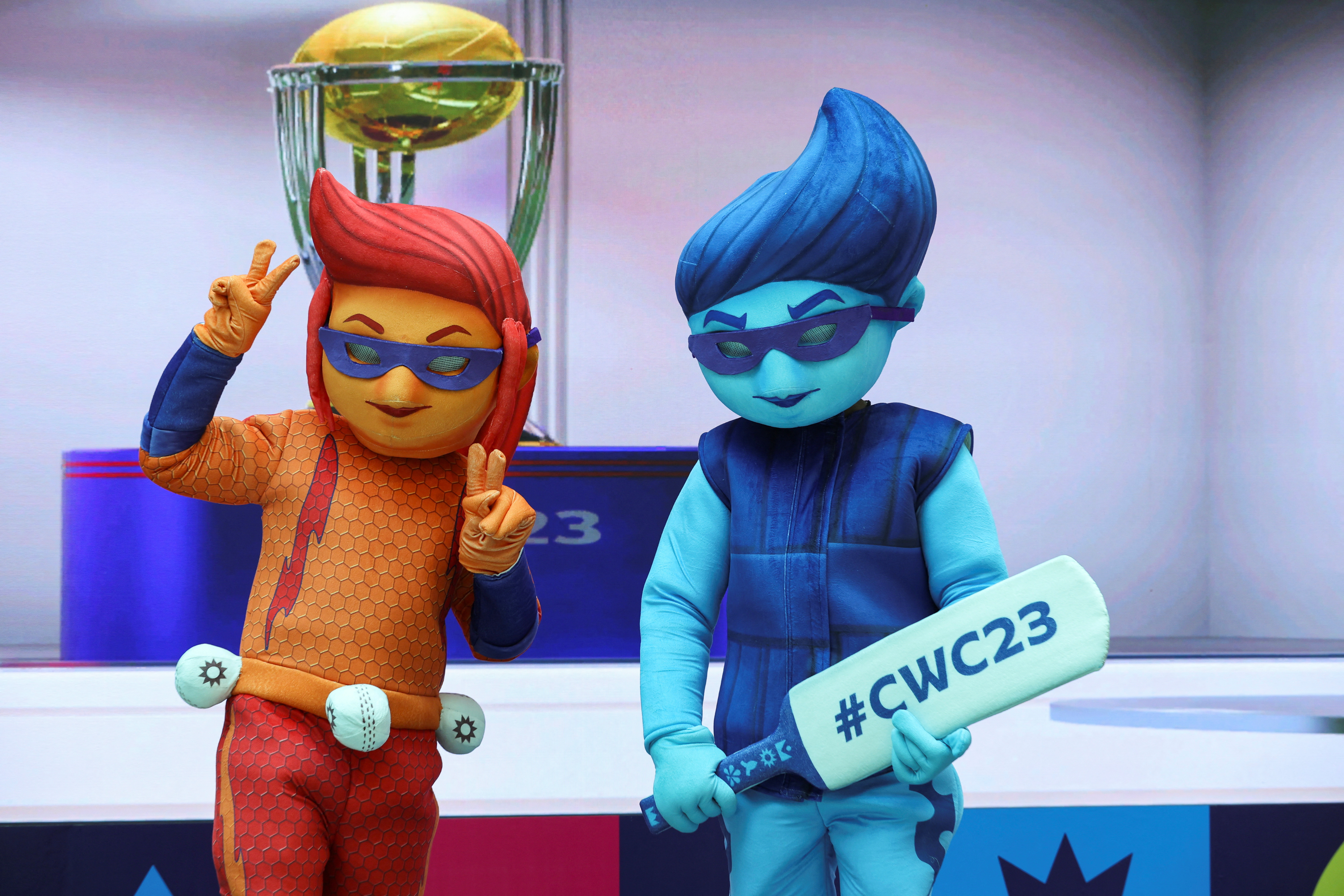 The ICC Men's Cricket World Cup 2023 mascots pose for a picture after they were unveiled in Gurugram