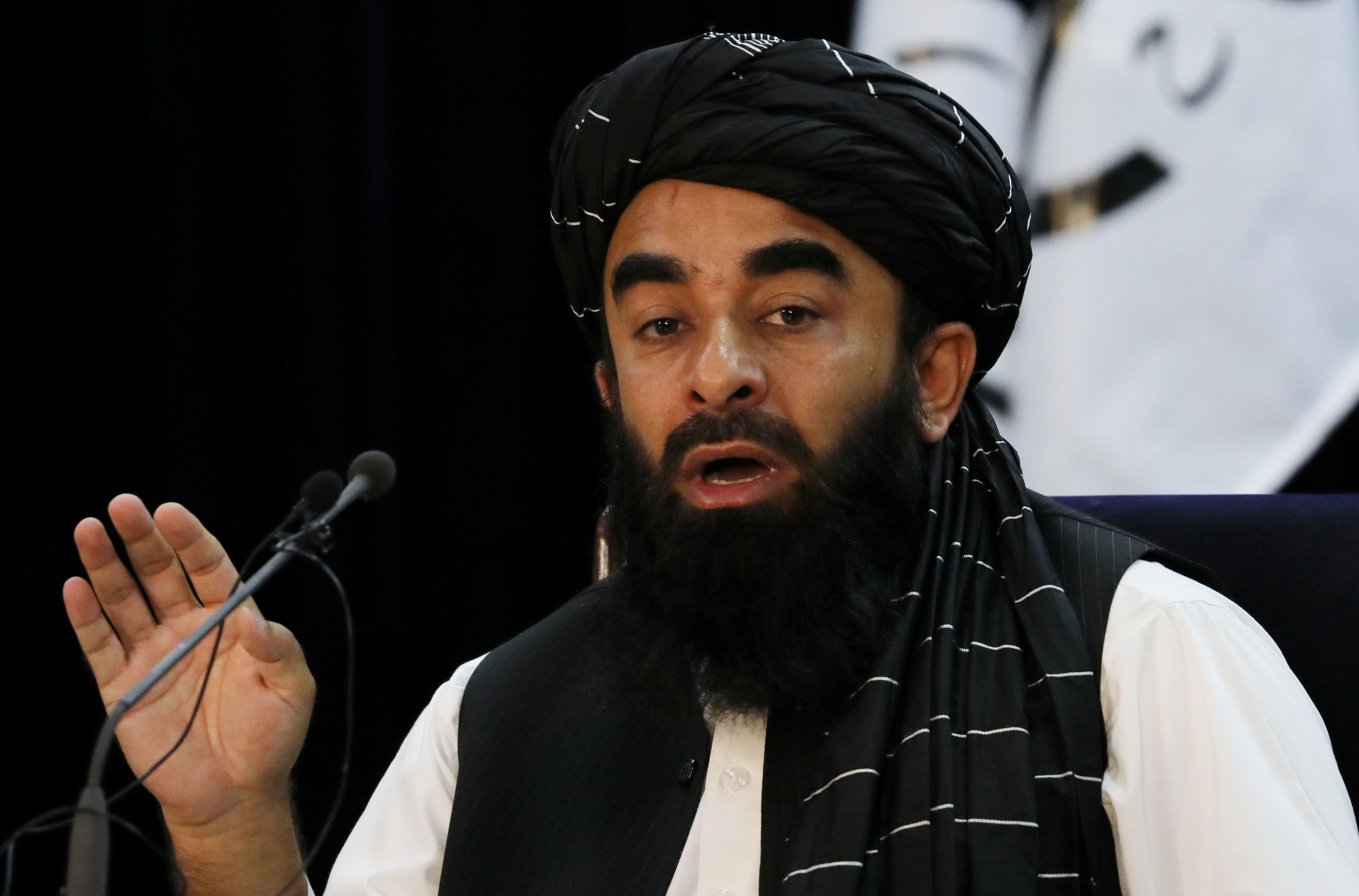 Taliban spokesman Zabihullah Mujahid speaks during a news conference in Kabul, Afghanistan September 6, 2021. REUTERS/Stringer/File Photo