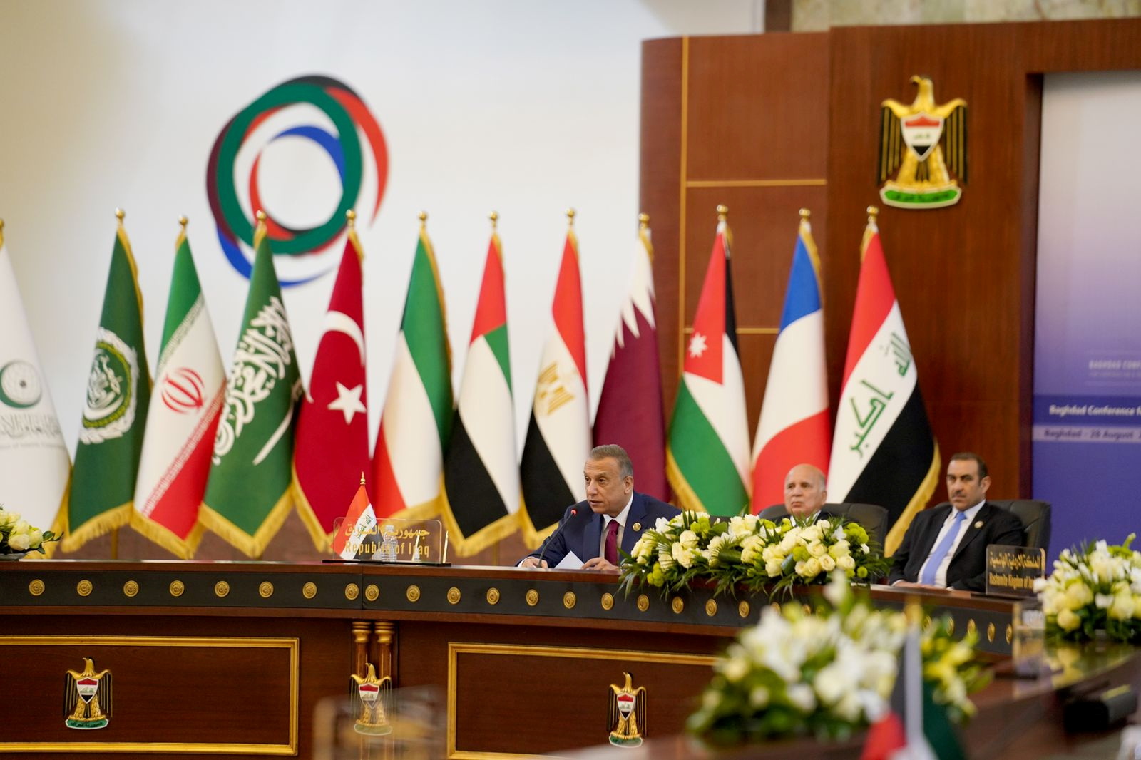 Iraqi Prime Minister Mustafa al-Kadhimi speaks during the Baghdad summit