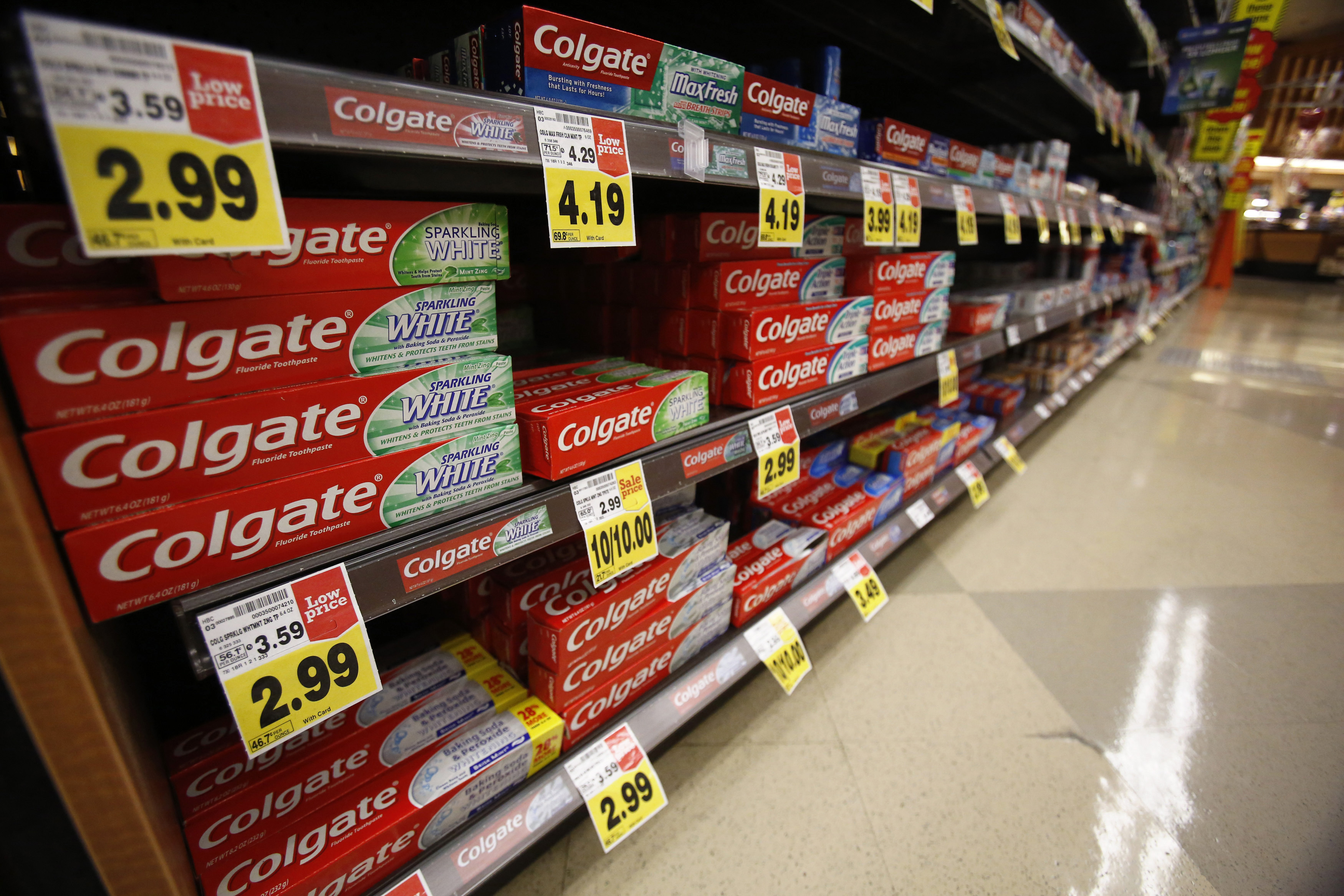 Colgate toothpaste is pictured on sale at a grocery store in Pasadena