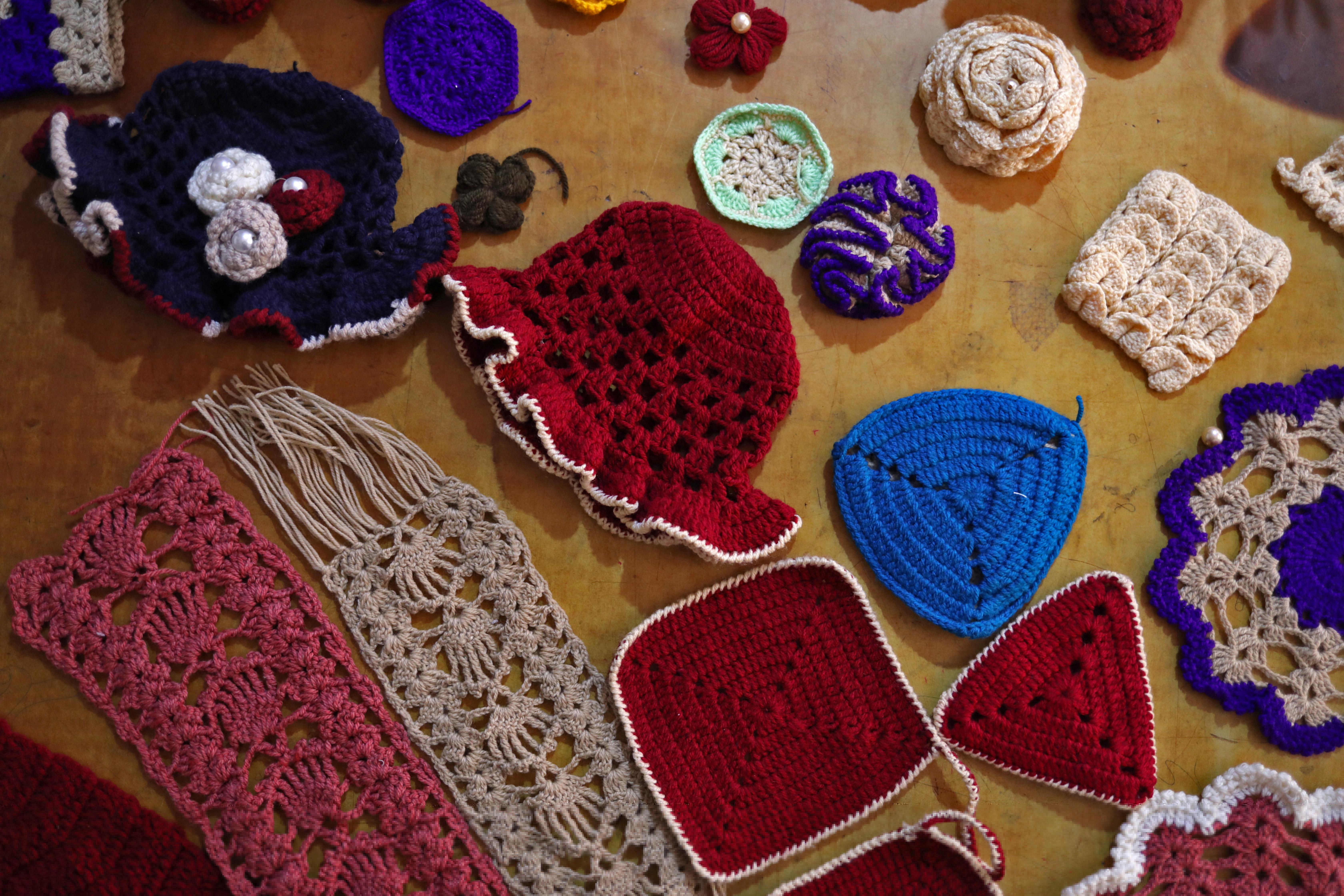 Knitted products are pictured at a sewing workshop in Kabul
