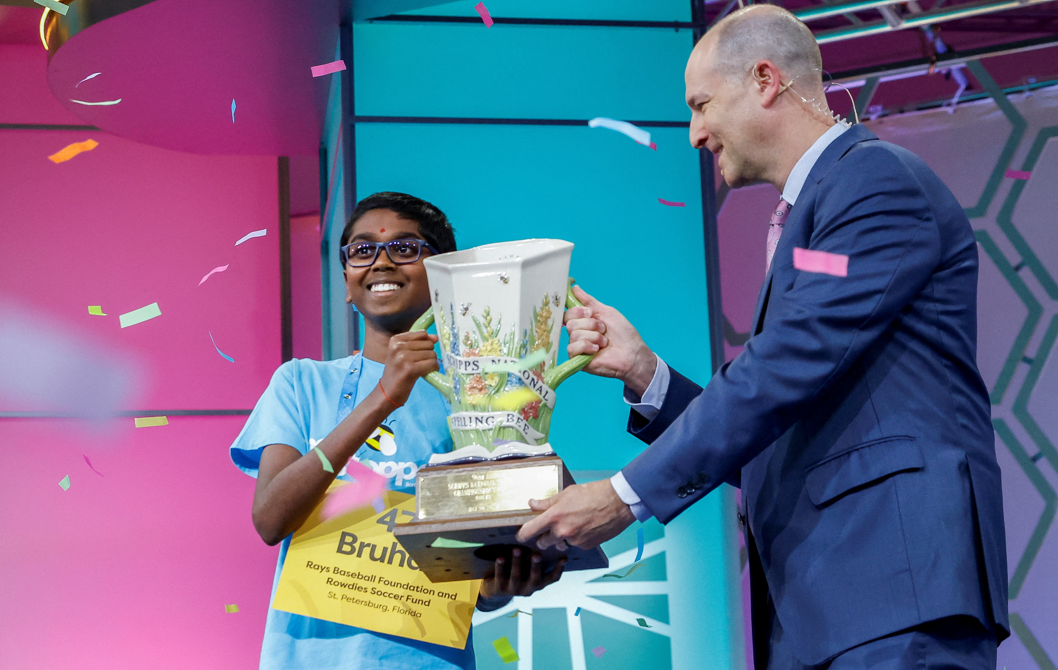 Student spellers compete in the finals of the Scripps National Spelling Bee in Maryland